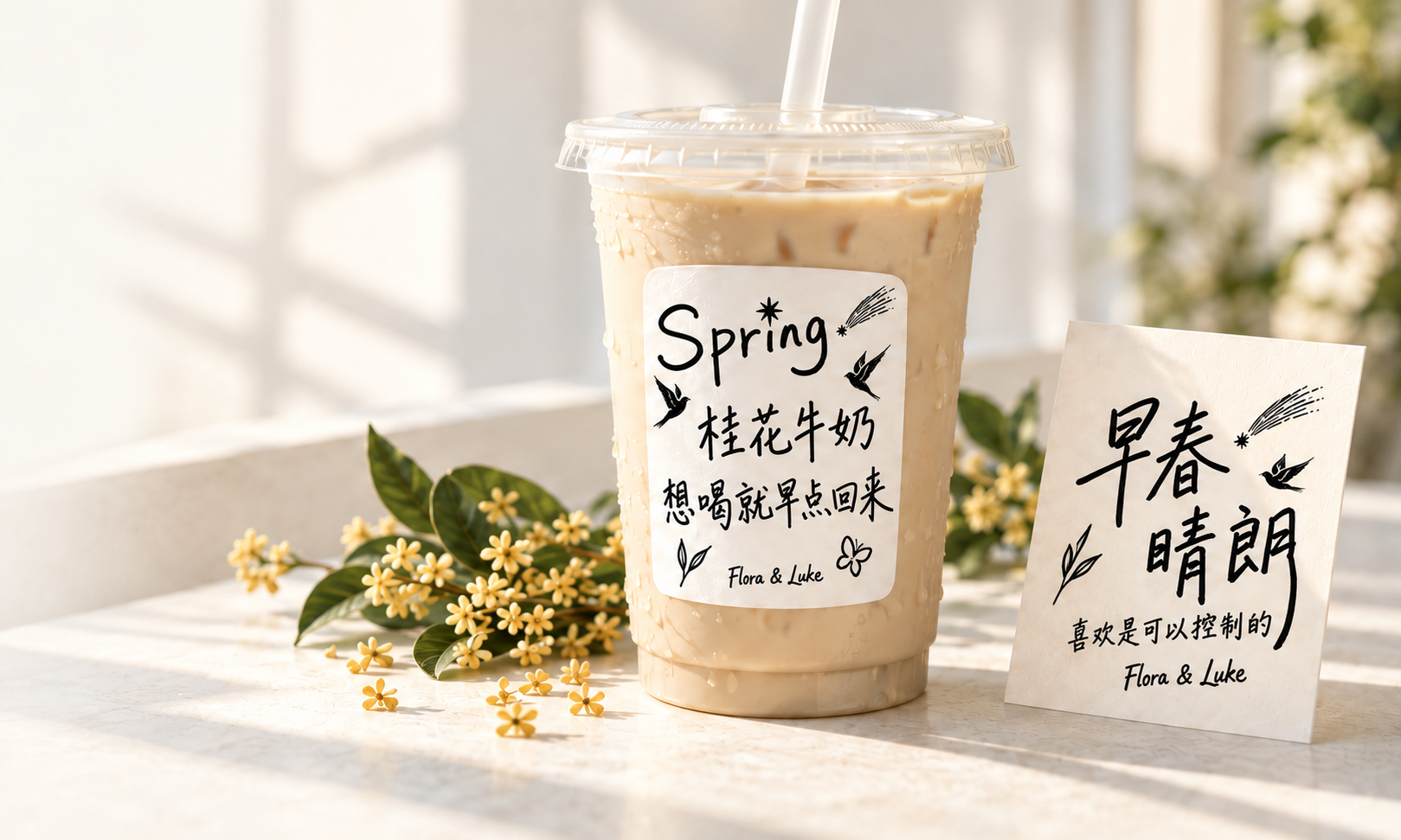 桂花与窗光里的奶茶杯，贴着 Spring 桂花牛奶杯贴，旁边是早春晴朗手写卡片；AI 场景示意